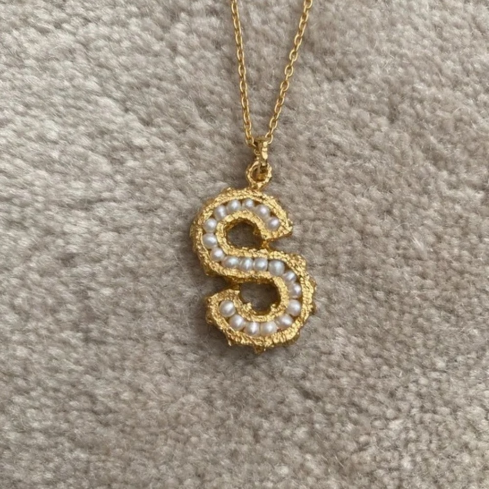 Pacharee “S” Pearl Alphabet Necklace 16/18” length - 18k Gold Plated